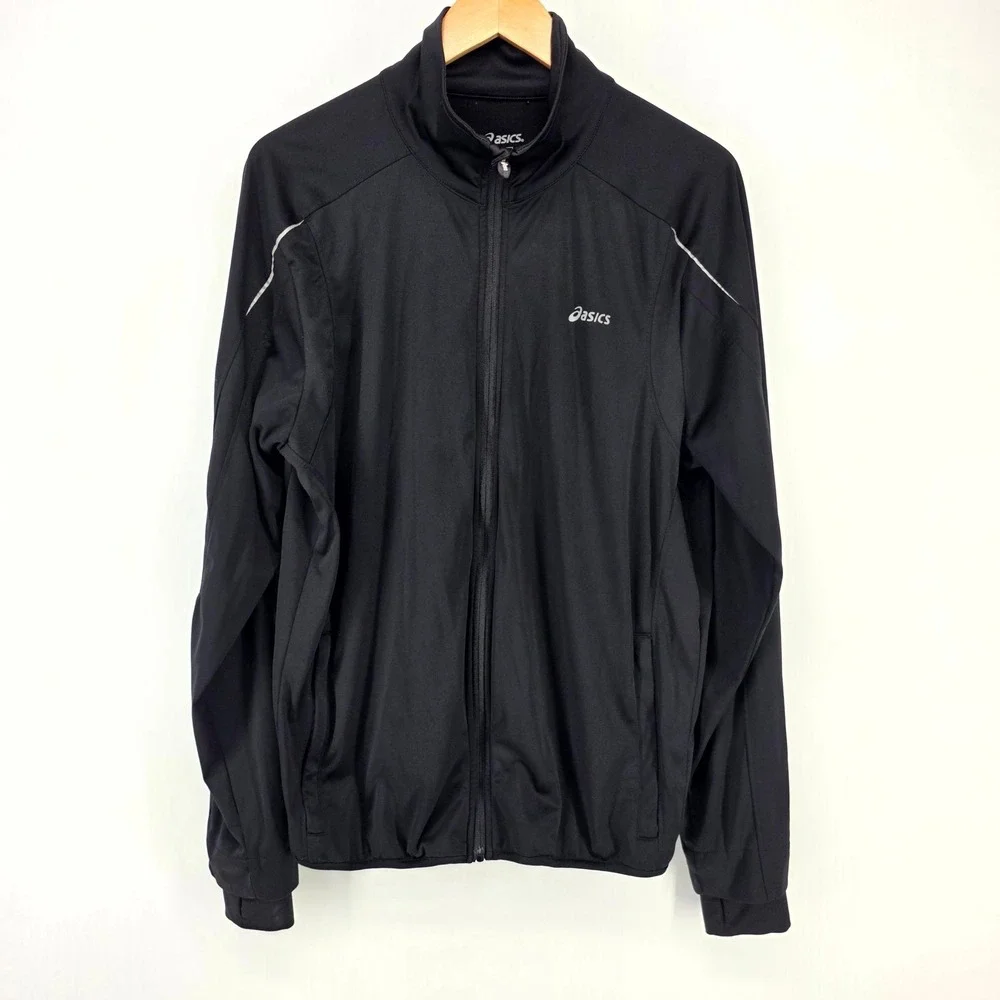 Asics Track Jacket Mens Large Black Full Zip Reflective Running Performance Coat